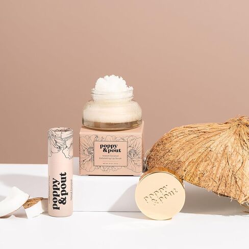 Poppy & Pout Lip Care Set | Lip Balm & Scrub | Sustainable Cardboard Tubes & Glass Jars, All Natural, Beeswax, Coconut Oil, Cruelty Free, Exfoliating & Moisturizing Lip Treatment (Island Coconut) in Kuwait