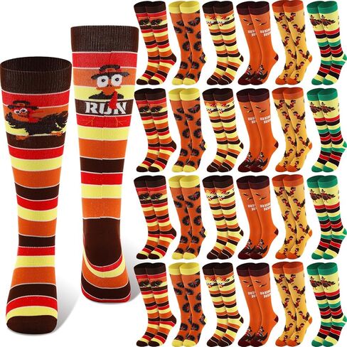 Xtinmee 12 Pairs Thanksgiving Running Socks Turkey Socks for Women Turkey Trot Knee High Socks with Stripes Running Turkey Socks for Women Men Funny Holiday Turkey Costume in Saudi Arabia