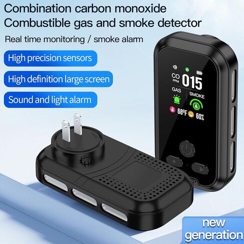 4in1 قابس في مزيج كاشف أول أكسيد الدخان والكربون المدمج في 2000 مللي أمبير شاشة HD Battery Battery [Smoke CO Temp Ressition] إنذار للفندق المنزلي في المنزل (أبيض) in Kuwait