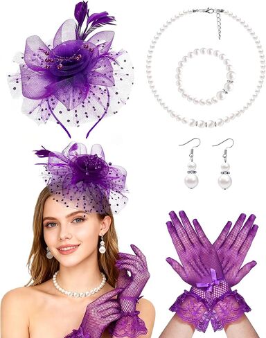 Bniksok 5 Pack White Fascinators Hat for Women Tea Party Veil Mesh Headband Feather Derby Hat Lace Gloves Pearl Jewelry Set for 1920s Party in Kuwait