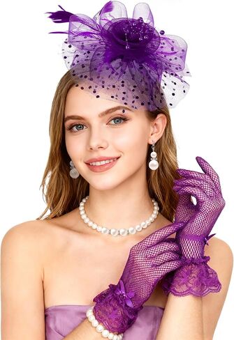 Bniksok 5 Pack White Fascinators Hat for Women Tea Party Veil Mesh Headband Feather Derby Hat Lace Gloves Pearl Jewelry Set for 1920s Party in Kuwait