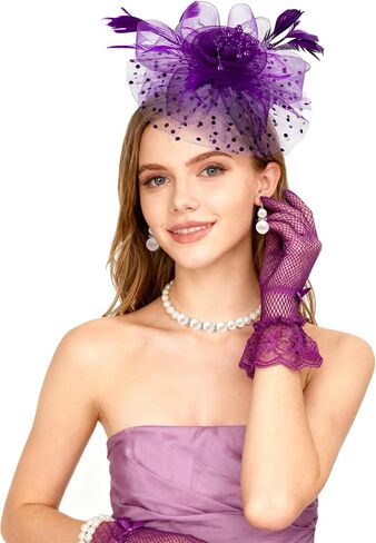 Bniksok 5 Pack White Fascinators Hat for Women Tea Party Veil Mesh Headband Feather Derby Hat Lace Gloves Pearl Jewelry Set for 1920s Party in Kuwait