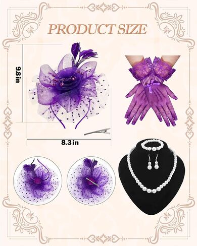 Bniksok 5 Pack White Fascinators Hat for Women Tea Party Veil Mesh Headband Feather Derby Hat Lace Gloves Pearl Jewelry Set for 1920s Party in Kuwait