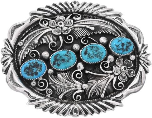 Alltribes Navajo Kingman Turquoise Sterling Belt Buckle Four Nugget Slant and Hammered Silver Investment Quality Accessory 0346 in Saudi Arabia