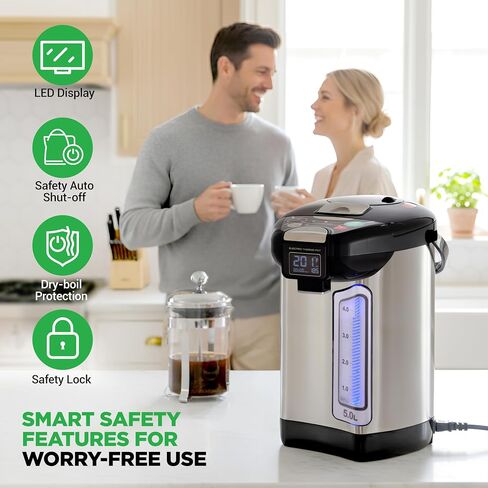 NutriChef Digital Water Boiler and Warmer - 5L/5.28 Qt Stainless Electric Hot Water Dispenser w/LCD Display, Rotating Base, Keep Warm, Auto Shut Off, Safety Lock, Instant Heating for Coffee & Tea in Kuwait