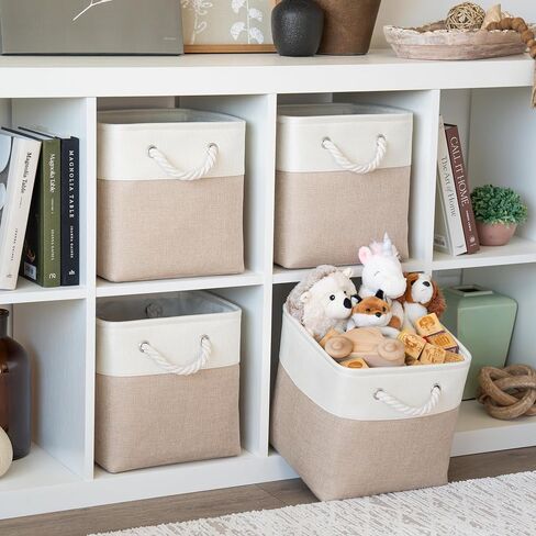 OrganiHaus 11x11 صناديق تخزين مكعبة 4 عبوات، منظم تخزين مكعب قابل للطي مع مقابض حبل، صناديق قماش قابلة للطي للألعاب والملابس وتنظيم الخزانة، سلال مربعة من القماش - بيج / أبيض in Saudi Arabia