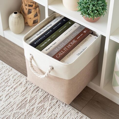 OrganiHaus 11x11 صناديق تخزين مكعبة 4 عبوات، منظم تخزين مكعب قابل للطي مع مقابض حبل، صناديق قماش قابلة للطي للألعاب والملابس وتنظيم الخزانة، سلال مربعة من القماش - بيج / أبيض in Saudi Arabia