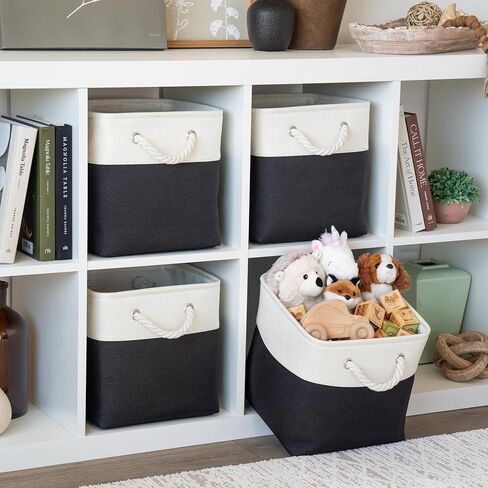 OrganiHaus 11x11 صناديق تخزين مكعبة 4 عبوات، منظم تخزين مكعب قابل للطي مع مقابض حبل، صناديق قماش قابلة للطي للألعاب والملابس وتنظيم الخزانة، سلال مربعة من القماش - بيج / أبيض in Saudi Arabia