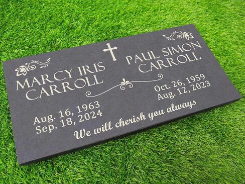 Custom Memorial Gray Slate Stone, 12x24 inches Grave Marker for One or Two Loved Ones, Husband and Wife Headstone, Cemetery Tombstone in Saudi Arabia