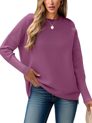 ANRABESS Women’s 2023 Fall Long Batwing Sleeve Drop Shoulder Crewneck Casual Ribbed Knit Sweaters Pullover with Split in Saudi Arabia