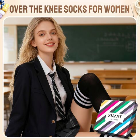 Zmart Striped Thigh High Socks Knee High Socks for Women Teen Girls, School Socks Long Socks Over the Knee Socks in Kuwait