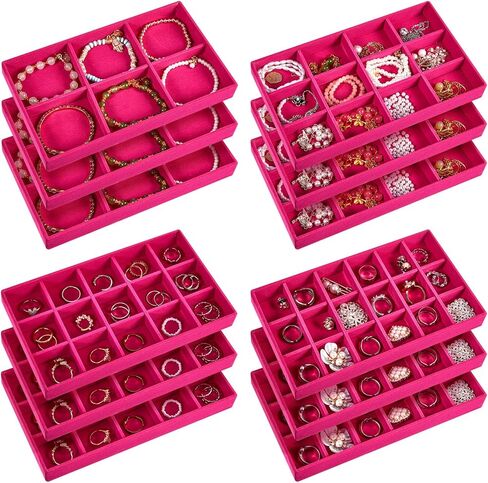 Junkin 12 Pcs Jewelry Tray Velvet Stackable Jewelry Organizer Trays Divided Earring Organizer Box Jewelry Storage Containers (Beige) in Kuwait