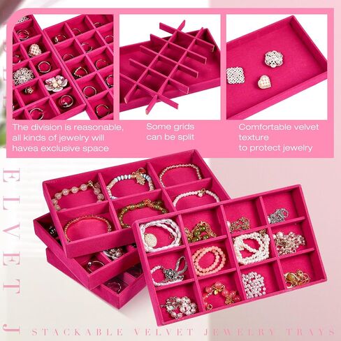 Junkin 12 Pcs Jewelry Tray Velvet Stackable Jewelry Organizer Trays Divided Earring Organizer Box Jewelry Storage Containers (Beige) in Kuwait