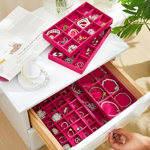 Junkin 12 Pcs Jewelry Tray Velvet Stackable Jewelry Organizer Trays Divided Earring Organizer Box Jewelry Storage Containers (Beige) in Kuwait