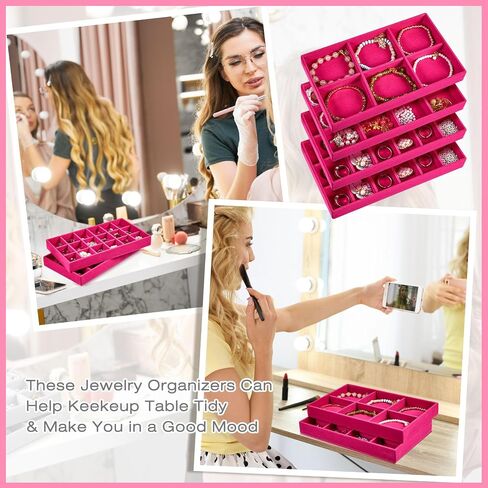 Junkin 12 Pcs Jewelry Tray Velvet Stackable Jewelry Organizer Trays Divided Earring Organizer Box Jewelry Storage Containers (Beige) in Kuwait