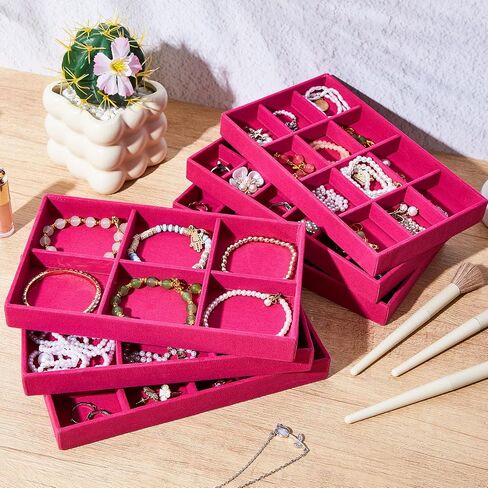 Junkin 12 Pcs Jewelry Tray Velvet Stackable Jewelry Organizer Trays Divided Earring Organizer Box Jewelry Storage Containers (Beige) in Kuwait
