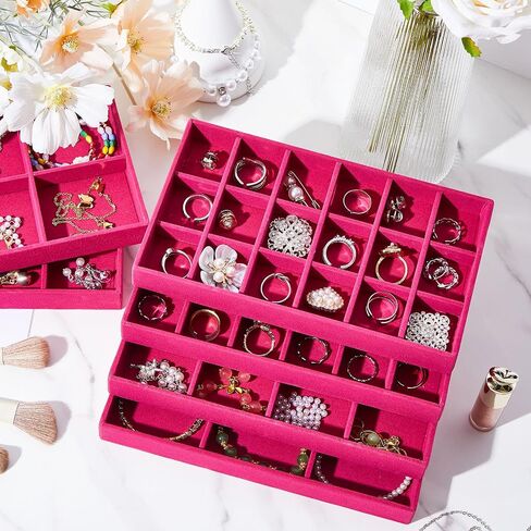 Junkin 12 Pcs Jewelry Tray Velvet Stackable Jewelry Organizer Trays Divided Earring Organizer Box Jewelry Storage Containers (Beige) in Kuwait