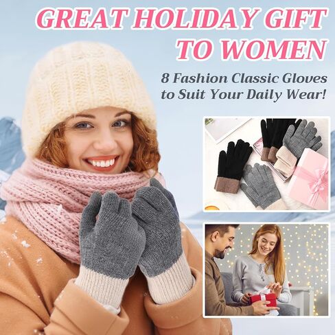SATINIOR 8 Pairs Women Winter Gloves Warm Fleece Lining Knit Touchscreen Elastic Cuff Texting Gloves, Black, Gray, Pink, Beige, White, Navy, Burgundy, Coffee, 8.75 x 4 inches in Saudi Arabia