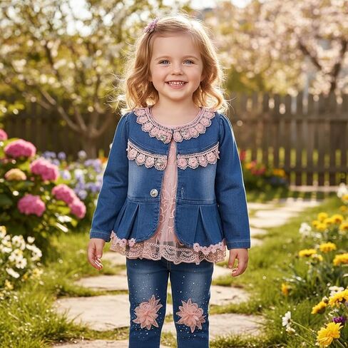 Yao 6M-4Y Infant 3Pcs Baby Girls Clothes Set Toddler Casual Outfits Lace Dress Jacket and Jeans in Saudi Arabia