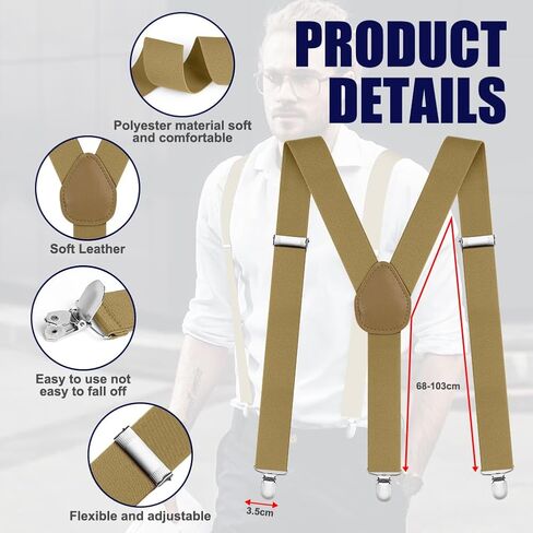 Mens Braces, Mens Suspenders with Strong Metal Clips, 3.5cm Wide Heavy Duty Suspenders, Adjustable Elastic Suspenders in Saudi Arabia