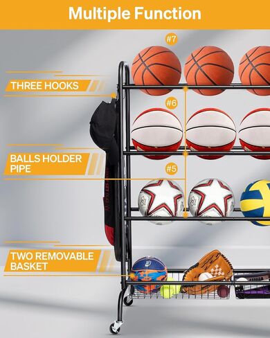 Basketball Racks for Balls, 3-Layer Small Ball Rack Ball Storage For Garage, Outdoor Rolling Ball Cart with Wheels, Two Basket for Basketballs Footballs Volleyball in Kuwait