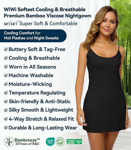 WiWi Womens Bamboo Viscose Slip Nightgown Sexy Chemise Lingerie Cami Pajamas Spaghetti Strap Sleep Dress S-4X, Black, X-Large in Saudi Arabia
