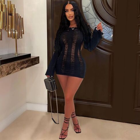 Tinodu المرأة مثير الكروشيه محبوك الجوف خارج كم طويل فستان قصير عارية الذراعين Bodycon نادي فستان سهرة Y2K in Kuwait