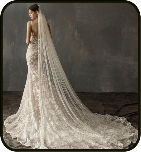 Ursumy Pearl Wedding Veils Flower Cathedral Bridal Veil 118’’ Veils for Brides 1 Tier Fingertip Length Drop Veil Hair Comb (Cathedral Length:300 * 150cm/118 * 59in, Ivory) in Kuwait