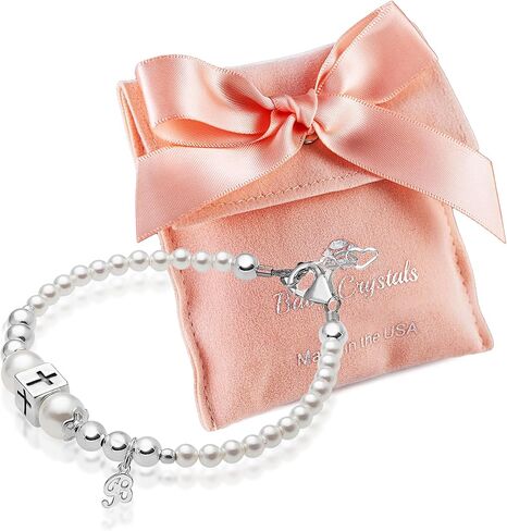 Sterling Silver Cross Charm Bracelet for Girls Christening, Baptism Gifts, Girls Jewelry with White Simulated Pearl Bracelets for Girl, Newborn, Infant, Toddler, Teens in Saudi Arabia