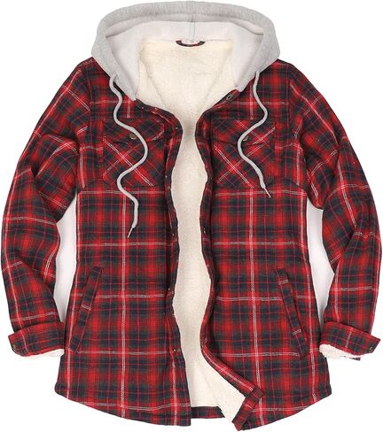 ZENTHACE Women's Flannel Shirt Jacket with Hood,Sherpa Lined Plaid Shacket Jackets,Snap Button Front in Kuwait