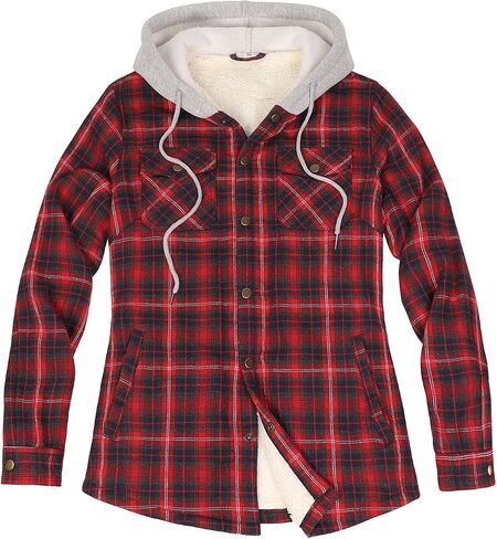 ZENTHACE Women's Flannel Shirt Jacket with Hood,Sherpa Lined Plaid Shacket Jackets,Snap Button Front in Kuwait