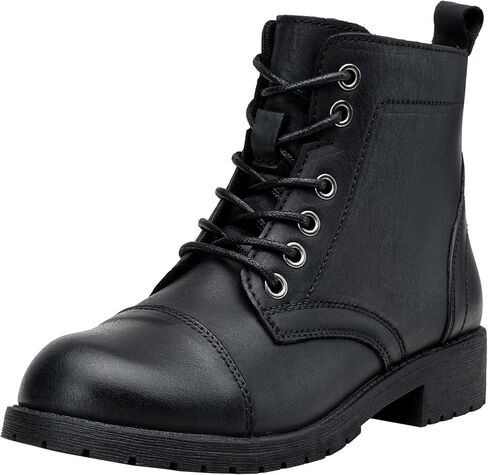Women's Lace Up Combat Ankle Boots, Cap Toe Low Block Heel | Comfortable booties with easy side zipper entry and memory foam cushioning, for denim, dresses, city days and travel in Saudi Arabia