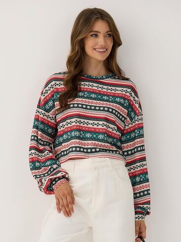 ZAFUL المرأة القبلية العرقية الجرافيك اقتصاص تريكو البوهيمي كم طويل البلوز سترة بوهو قطرة الكتف محبوك الأعلى in Kuwait
