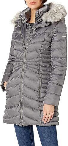 LAUNDRY BY SHELLI SEGAL Women's 3/4 Puffer Jacket With Detachable Faux Fur Strip and Bib Down Alternative Coat, Vintage Black, Small US in Kuwait
