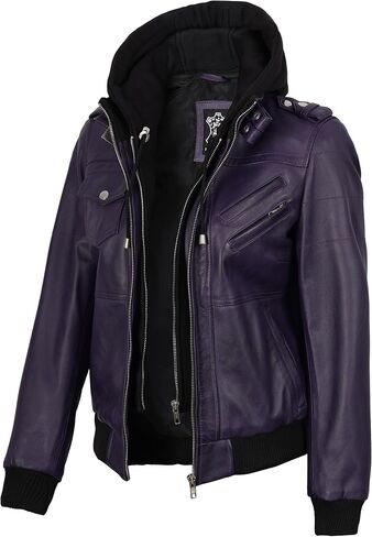 fjackets Womens Leather Jacket - Real Lambksin Bomber Leather Jacket Women With Removable Hood in Kuwait