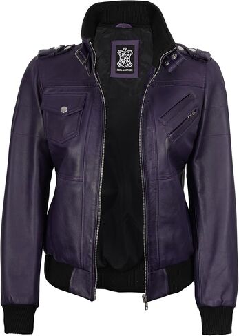 fjackets Womens Leather Jacket - Real Lambksin Bomber Leather Jacket Women With Removable Hood in Kuwait