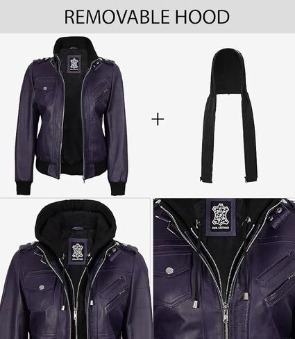 fjackets Womens Leather Jacket - Real Lambksin Bomber Leather Jacket Women With Removable Hood in Kuwait