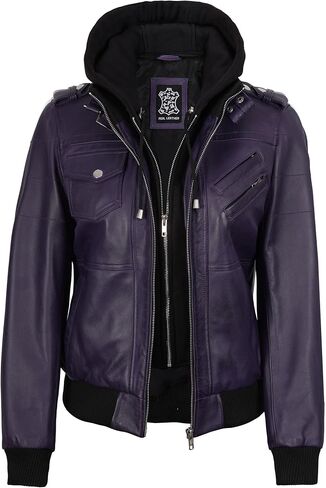 fjackets Womens Leather Jacket - Real Lambksin Bomber Leather Jacket Women With Removable Hood in Kuwait