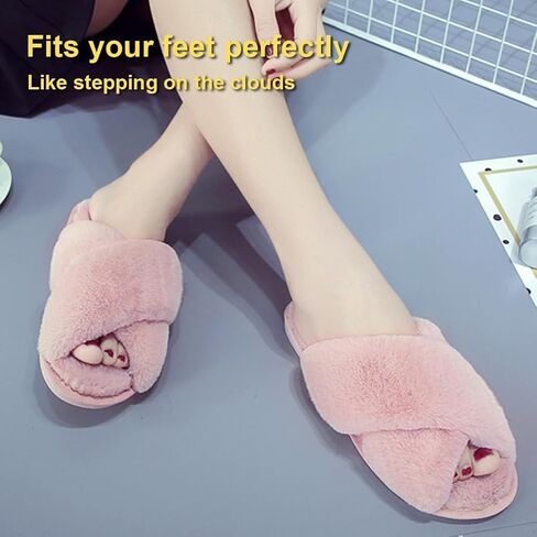 LZLER Women’s Cross Band Slippers, Soft Plush Fleece Lightweight Non Slip Open Toe Flip Flop Shoes House Indoor Outdoor Fur Fuzzy Slippers in Kuwait