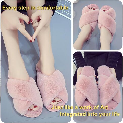 LZLER Women’s Cross Band Slippers, Soft Plush Fleece Lightweight Non Slip Open Toe Flip Flop Shoes House Indoor Outdoor Fur Fuzzy Slippers in Kuwait