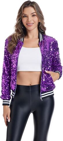 Womens Sequin Jacket Long Sleeve Zipper with Pockets Casual Party Sequin Bomber Jacket in Kuwait