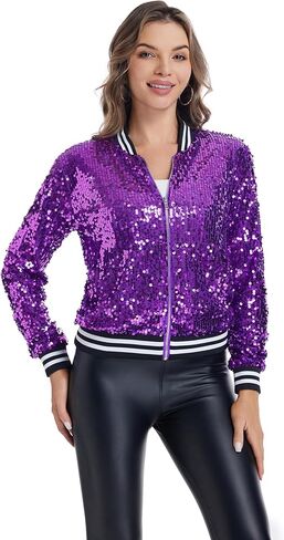 Womens Sequin Jacket Long Sleeve Zipper with Pockets Casual Party Sequin Bomber Jacket in Kuwait