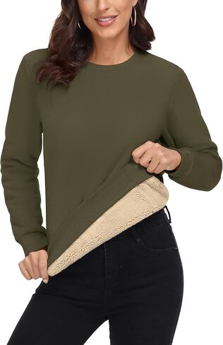 MAGCOMSEN المرأة شيربا اصطف بلوزات الحرارية عادية Crewneck كنزة صوف شتاء دافئ سميكة طويلة الأكمام بلايز in Saudi Arabia
