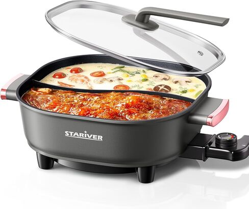 Stariver 6L Electric Hot Pot with Divider, 1300W, Dual-Flavor Pot for Two Broths, 5-Temp Control & Non-Stick Coating, Electric Pot for Shabu Shabu, Fondue, Perfect for Family Gatherings & Parties in Saudi Arabia
