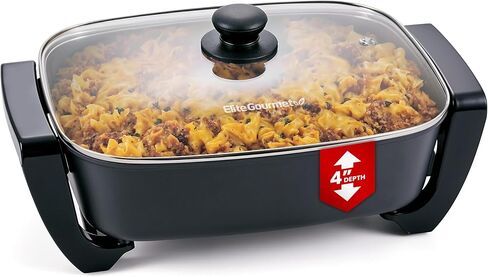 مقلاة كهربائية Elite Gourmet EG2615 مقاس 15 بوصة × 12 بوصة × 4 بوصة، طبق متين عميق جدًا، سيراميك Ceralast ™ خالي من PFAS، حرارة سريعة 1500 وات، غطاء من الزجاج المقسى، آمن للاستخدام في غسالة الأطباق، 12.5 قيراط، أسود/رمادي in Saudi Arabia
