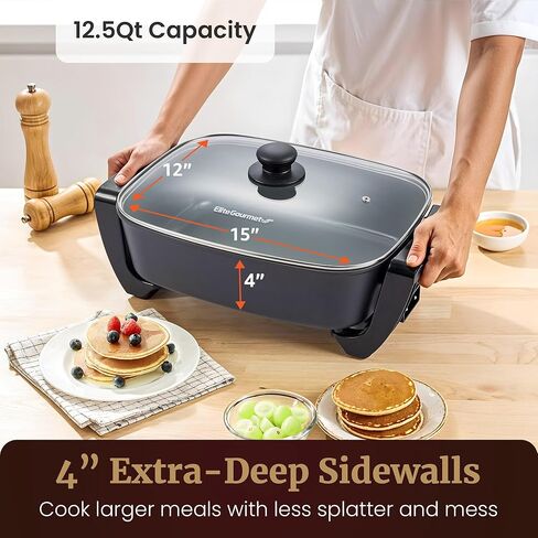 مقلاة كهربائية Elite Gourmet EG2615 مقاس 15 بوصة × 12 بوصة × 4 بوصة، طبق متين عميق جدًا، سيراميك Ceralast ™ خالي من PFAS، حرارة سريعة 1500 وات، غطاء من الزجاج المقسى، آمن للاستخدام في غسالة الأطباق، 12.5 قيراط، أسود/رمادي in Saudi Arabia