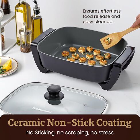 مقلاة كهربائية Elite Gourmet EG2615 مقاس 15 بوصة × 12 بوصة × 4 بوصة، طبق متين عميق جدًا، سيراميك Ceralast ™ خالي من PFAS، حرارة سريعة 1500 وات، غطاء من الزجاج المقسى، آمن للاستخدام في غسالة الأطباق، 12.5 قيراط، أسود/رمادي in Saudi Arabia
