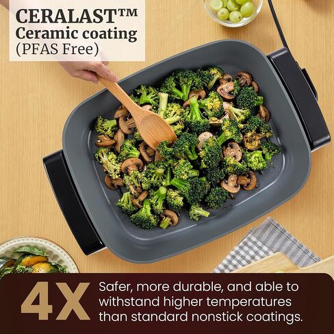 مقلاة كهربائية Elite Gourmet EG2615 مقاس 15 بوصة × 12 بوصة × 4 بوصة، طبق متين عميق جدًا، سيراميك Ceralast ™ خالي من PFAS، حرارة سريعة 1500 وات، غطاء من الزجاج المقسى، آمن للاستخدام في غسالة الأطباق، 12.5 قيراط، أسود/رمادي in Saudi Arabia