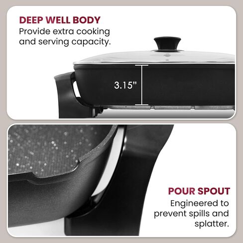 Elite Gourmet Ceralast Ceramic Electric Skillet, 12.5Qt, Black/Gray | Xtra-Deep 4" Dish, 15"x12" PFAS-Free Surface, 1500W Rapid Heat-Up, Tempered Glass Vented Lid, Dishwasher-Safe in Saudi Arabia