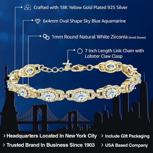 Gem Stone King 18K Yellow Gold Plated Silver Sky Blue Aquamarine Tennis Bracelet For Women (8.33 Cttw, Gemstone Birthstone, With 1 Inch Extender in Kuwait